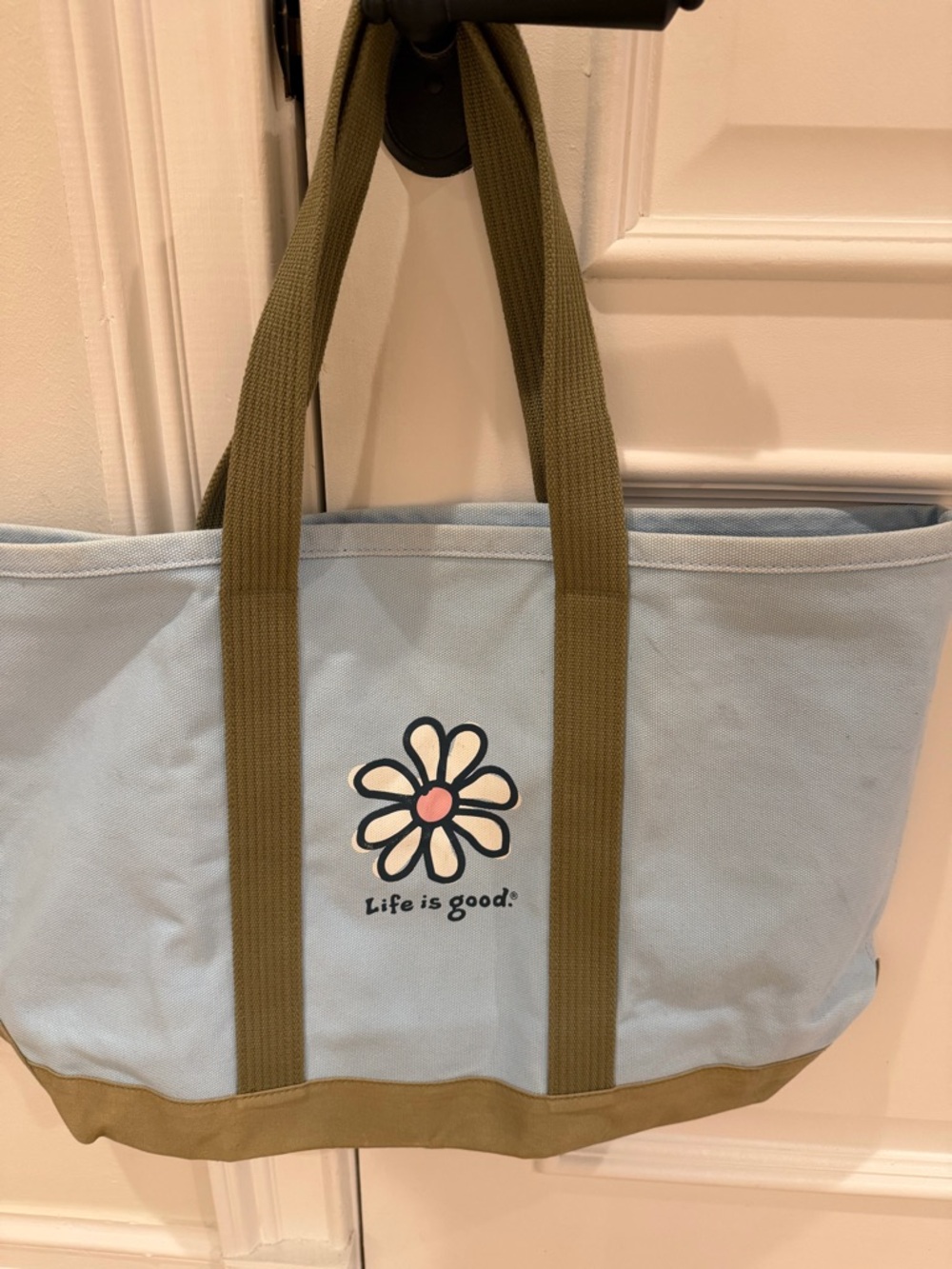 Life Is Good Light Blue Canvas Tote with Olive Straps and Pink Daisy - Picture 3 of 8